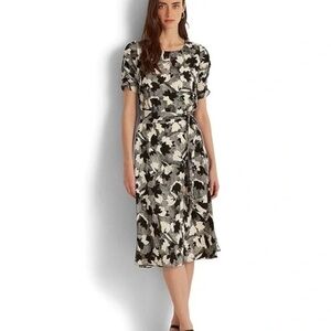 LAUREN RALPH LAUREN Printed Bubble Crepe Midi Dress Winter Cream Black Label 16